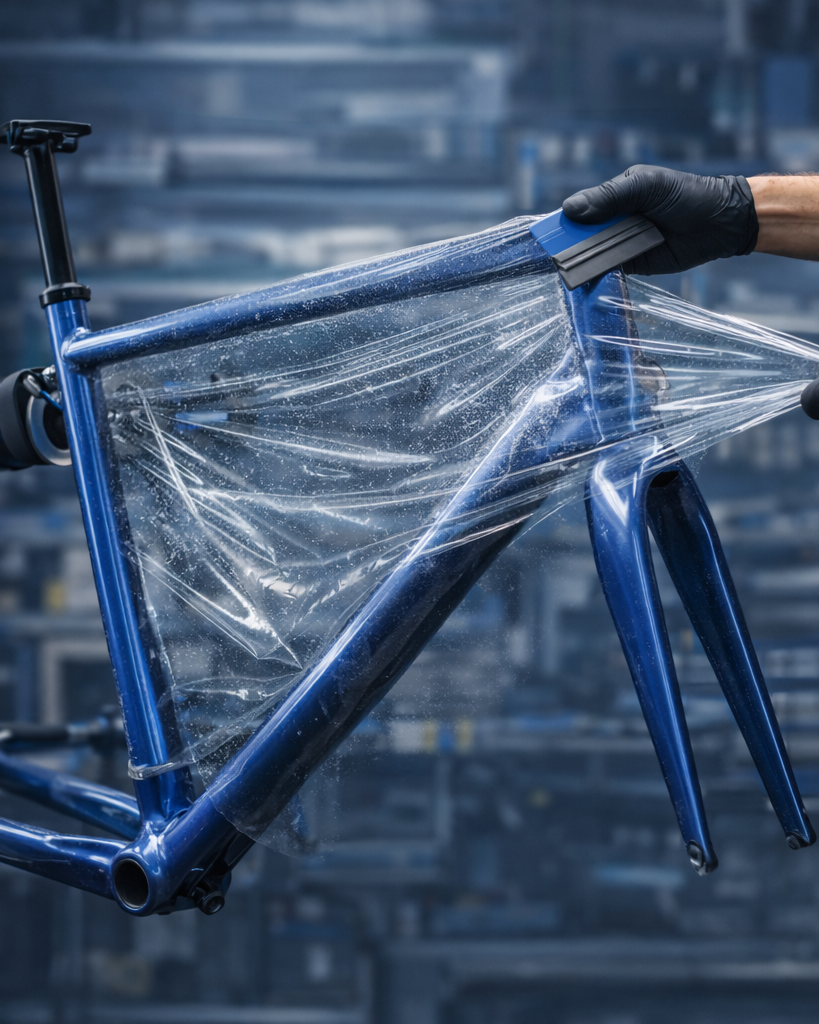 Nakladanie folii ochronnej PPF na rame roweru