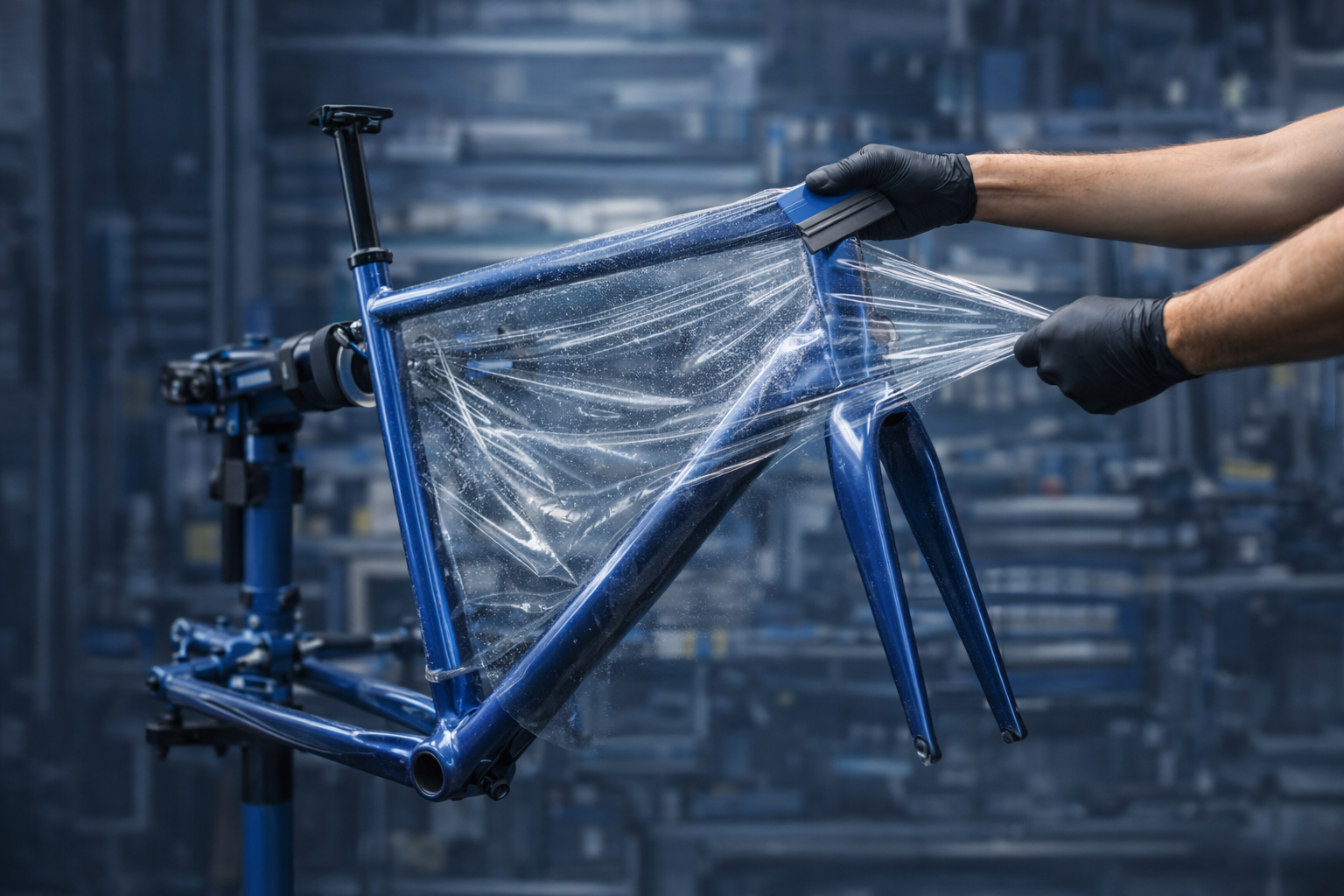 Nakladanie folii ochronnej PPF na rame roweru